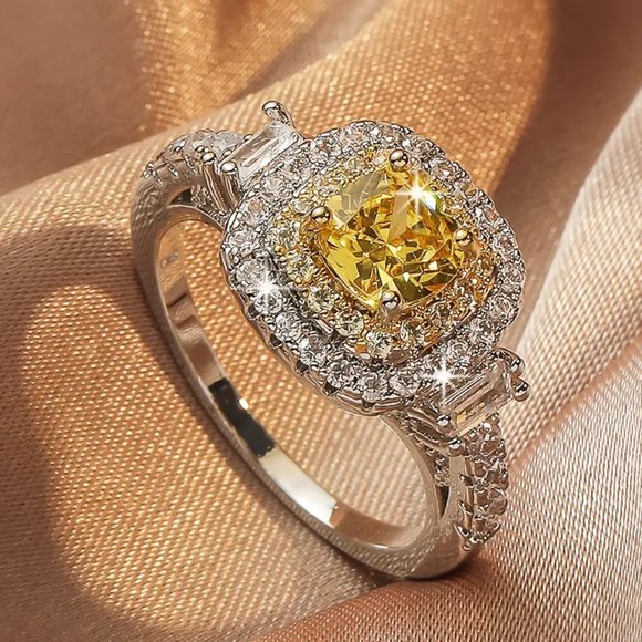 Jewelry - Yellow Cushion Cut Ring with Simulated Diamonds